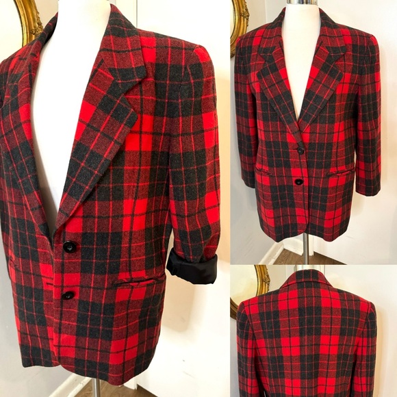 Vintage Red & Black Plaid wool blazer Size M oversized Academia Fall Boxy - Picture 5 of 15